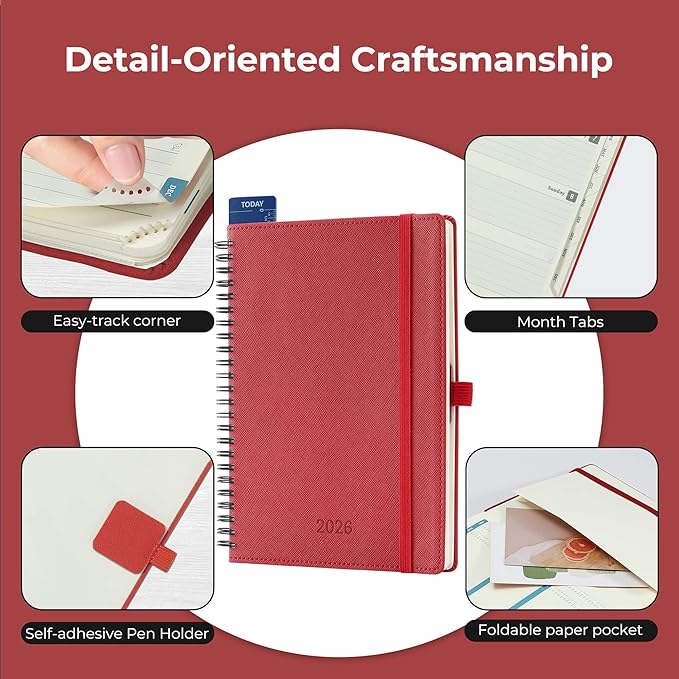 IN-LUXPRO Planner 2026 Daily Weekly and Monthly,8.5"x6.5",12 Months Spiral Bound Calendar Agenda with Self-adhesive Pen Holder,2026 Appointment Book with Vegan Leather Soft Cover,Red