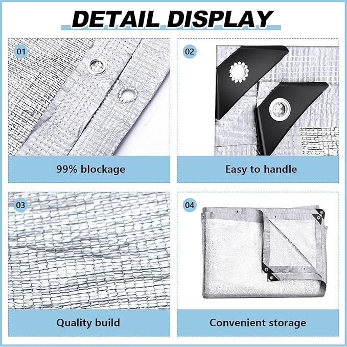 99% Aluminet Shade Cloth Reflective Tarp 10 x 10 ft Aluminium Cloth Porch Privacy Screen with Grommets for Car Garden Pergola Patio Sun Shade Kennel Cover Durable Mesh Canopy Cover Easy Setup