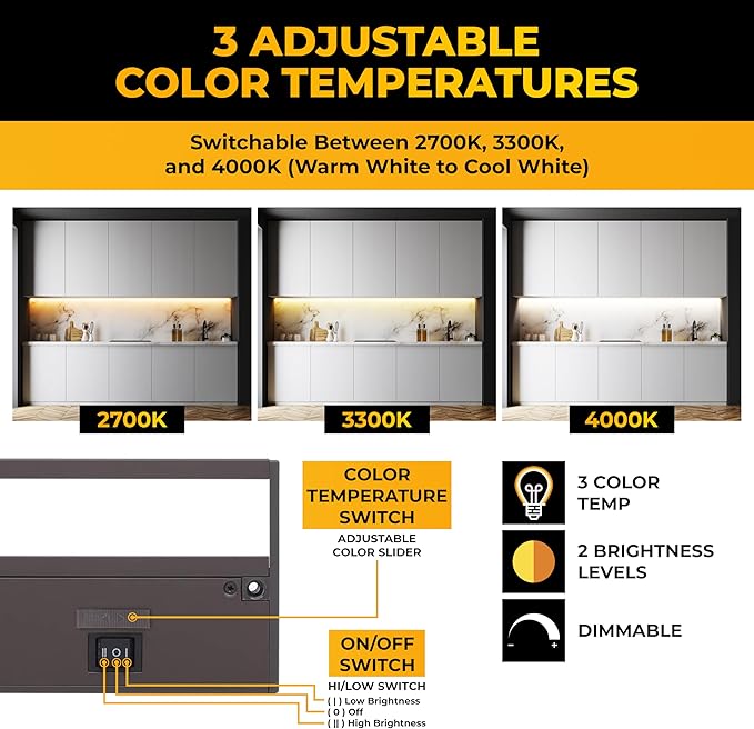 LED Under Cabinet Lighting Hardwired - 3CCT 9 Inch Bronze Finish - Undercabinet Lights for Kitchen - Linkable Undercounter Dimmable Plug in Light or Hard Wired - Under Counter Fixture Direct Wire