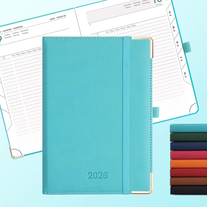 IN-LUXPRO Daily Planner 2026 with One Page Per Day,(A5-8.5" x 5.9"),12 Months Calendar Hourly Appointment Book Monthly Tabs & Self-adhesive Pen Holder,Inner Pocket, Vegan Leather Hardback,Light Blue