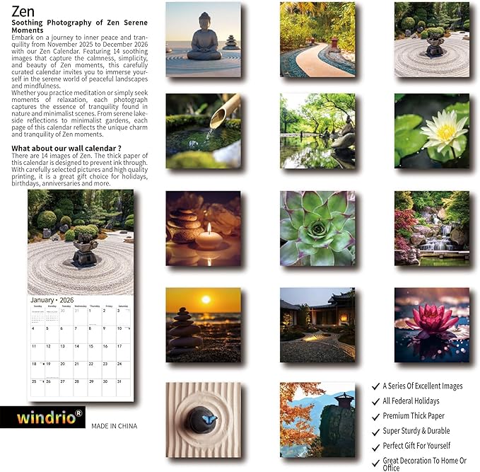 2026 Wall Calendar,Calendar 2026, November 2025 - December 2026, Wall Calendar Zen, 12" x 24" Opened,Full Page Months Thick & Sturdy Paper for Calendar Organizing & Planning