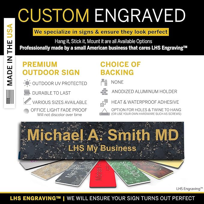 Personalized Name Plate with Choice of Mounting for Walls, Doors, Desk Holders, Cubicles, Hanging and More - Custom Charocaol Marble Plastic Gold Letters - USA Made 2x8 - S6