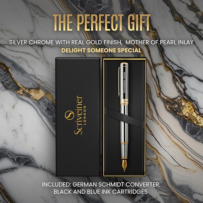 Scriveiner Personalized Silver Chrome Fountain Pen - Stunning Luxury Pen, Real Gold Plating, Schmidt Gilded Nib (Medium) Best Engraved Pen Gift Set for Men & Women, Custom Name Engraving