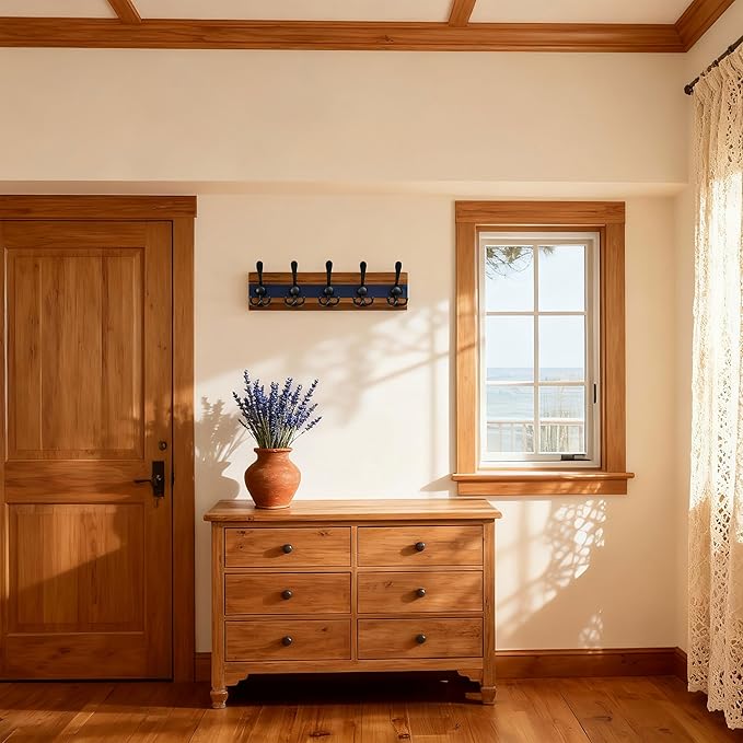 SKOLOO Rustic Wall Mounted Coat Rack - 16-7/8" Long Coat Hooks for Wall with 5 Triple Hooks for Hanging Coats, Hats or Tools, Western National Parks Collection, Wood Brown & Blue