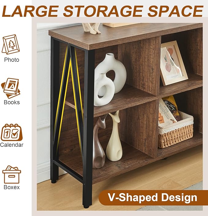 HOMISSUE Cube Storage Organizer Shelf, Rustic Short Wide Bookshelf with 6 Cubes, Industrial Low Cubby Bookcase with 3-Tier Shelves, Horizontal Book Case for Living Room, Office, Brown