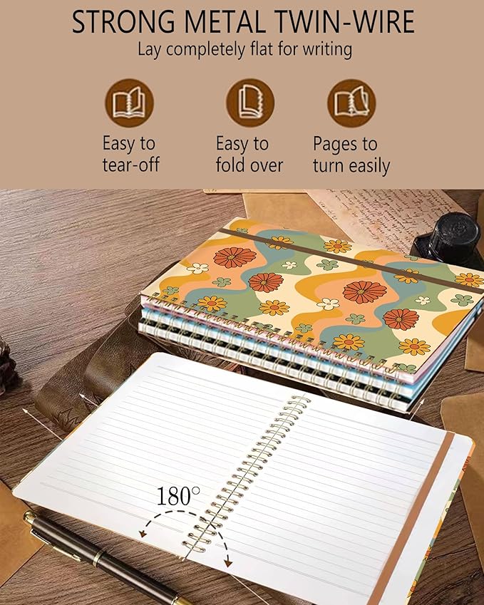 DHGPTS Spiral Journal Notebook, A5 Cute Notebooks for Women Men, College Ruled Hardcover Notebook for Work & Note Taking, 60 Pages Double-Wire Journals for Writing, Retro Boho Flowers