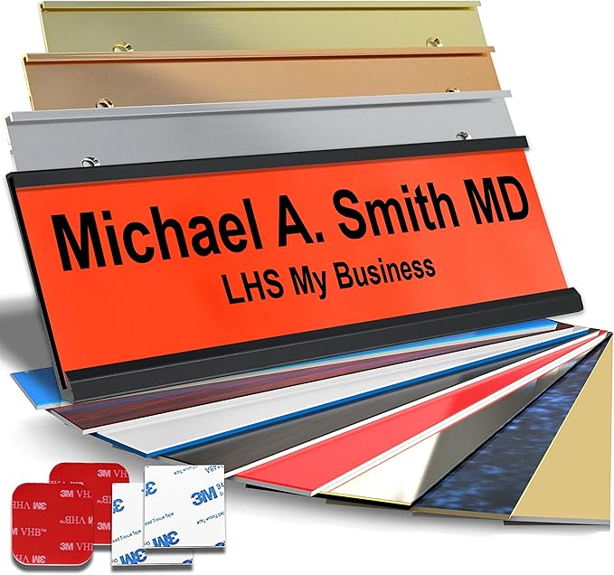Personalized Name Plate with Choice of Mounting for Walls, Doors, Desk Holders, Cubicles, Hanging and More - Custom Orange Plastic Black Letters - USA Made 2x8 - B11