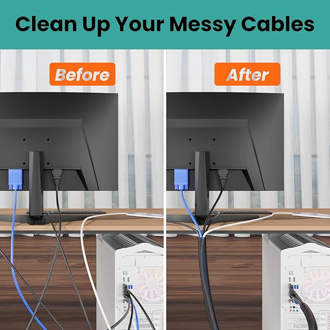 Cable Management Sleeve 25ft (300 inch) - 1/2 inch, PET Expandable Braided Cord Organizer, Split Wire Loom Tubing Reversible Cord Protector for TV USB PC Ethernet Cable Hider Protect Pets Kids