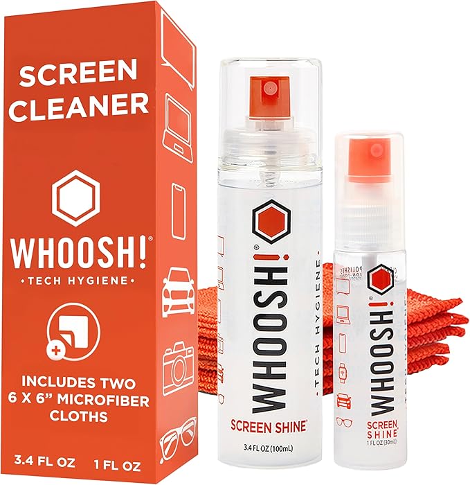 WHOOSH! Screen Shine Duo XL - Screen Cleaner Spray and Wipe for Eyeglasses, Phone & Laptop - Removes Fingerprints - Includes 3.4 oz + 1 oz Leak-Free Bottles & 2 Microfiber Cloths for Home & Travel