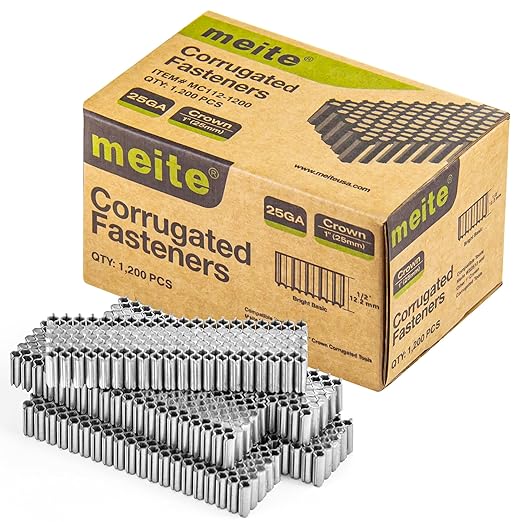 meite Corrugated Fasteners MC112 25 Gauge 1-Inch Crown 1/2-Inch Length Staples Corrugated W Fasteners for Pneumatic Corrugated Tools, for Woodworking Projects (1,200 Counts/Box)