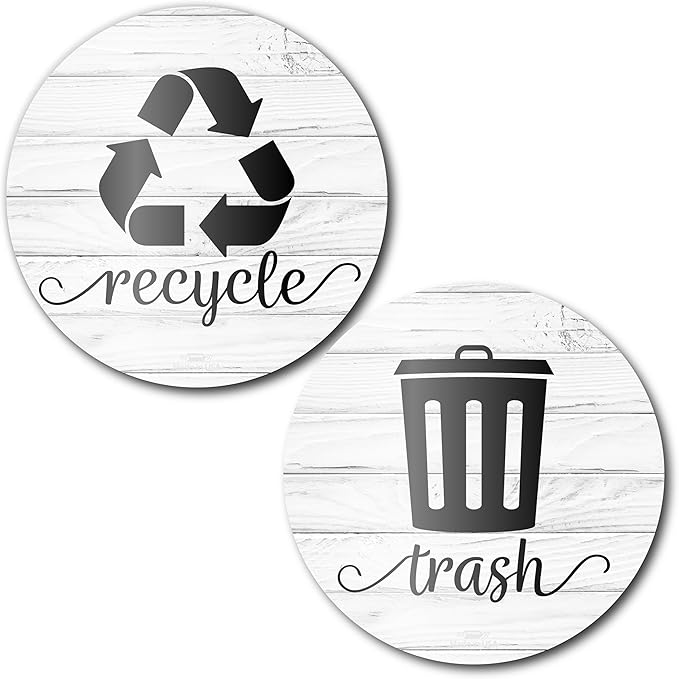Farmhouse Recycling Stickers for Trash Can & Bins, 3.5" Recycle Stickers for Trash Bins, Laminated Recycle Sticker for Kitchen Garbage Can Recycling Bin Combo, Made in USA, Rustic White Wood