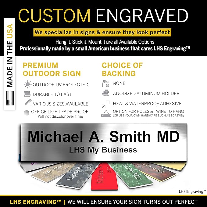 Custom Name Plate with Choice of Mounting for Walls, Doors, Desk Holders, Cubicles, Hanging and More - Personalized Brushed Silver Plastic Black Letters - USA Made 2x8 - M1