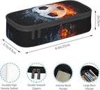Boys Soccer Pencil Case with Water & Fire Pattern Print, Cool Black Pencil Box for Kids, Sports-Themed Canvas Storage Pouch Marker Pen Organization Bag, Portable Desk Office Organizer Travel Bag
