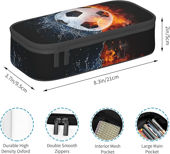 Boys Soccer Pencil Case with Water & Fire Pattern Print, Cool Black Pencil Box for Kids, Sports-Themed Canvas Storage Pouch Marker Pen Organization Bag, Portable Desk Office Organizer Travel Bag