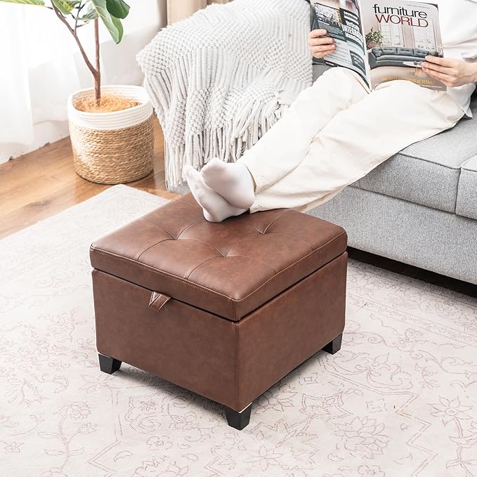 Asense 17 Inch Storage Ottoman Foot Rest,Square Faux Leather Foot Stool,Small Ottoman with Storage,Padded Seat for Entryway,Living Room,Bedroom,Couch,Under Desk,Rust Brown