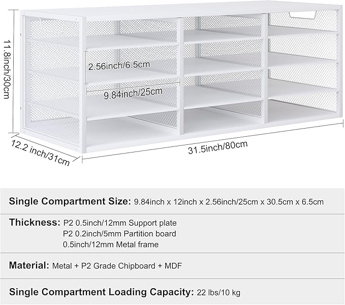 PAG-Mass Mail Sorter Adjustable Countertop Mail Holder, Heavy Duty Literature Organizer, Student Mailbox for Classroom, Desktop Bill Paper Organizer for Office Home School, 12 Compartments, White