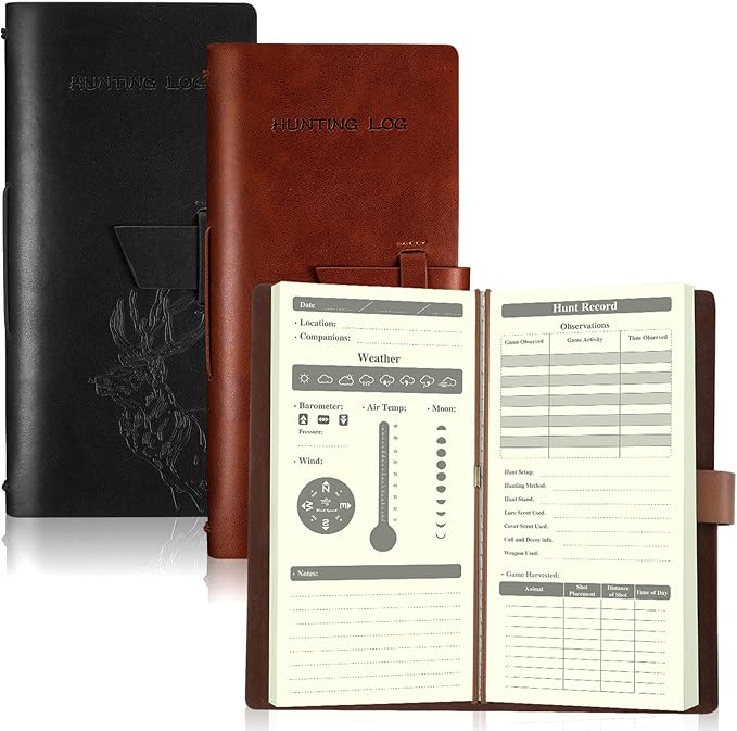 Eaasty 2 Pcs Leather Hunting Log Book Elk Hunting Journal Notebook for Men Designed for Huntsman to Record Hunt Details for Dad Husband Father's Day Birthday Gift, 96 Pages(Black, Brown)