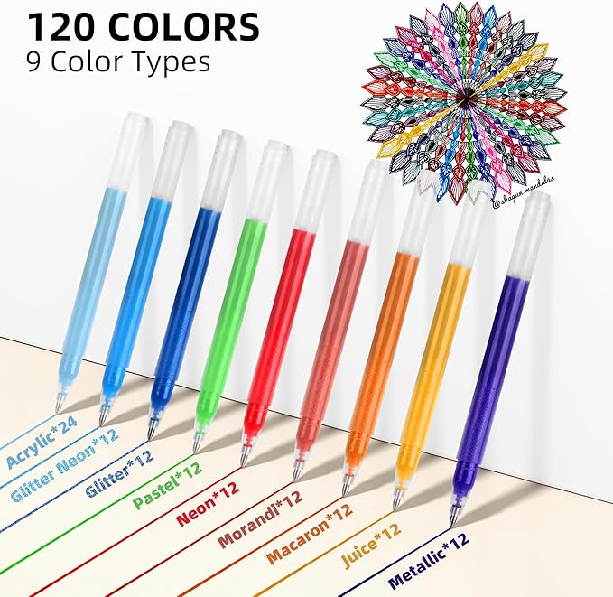 120 Color Gel Pens for Adult Coloring Books,1.0mm Bullet Tip Acrylic Gel Pens,Glitter Colored Gel Pens Set,Large Capacity Artist Maker Pens for Drawing Doodling Journaling, Art Supplies and DIY Crafts