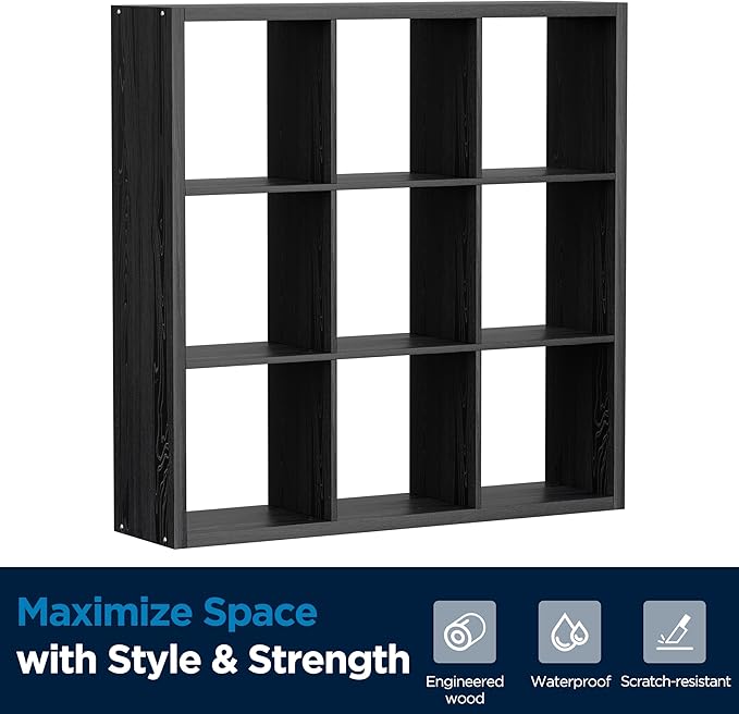 Jpiziso 9-Cube Storage Organizer, Wooden Cube Shelf Bookcase with Reinforced Thick Shelves, Heavy-Duty 36.93" L x 9.37" W x 36.93" H, for Living Room Bedroom Home Office, Black
