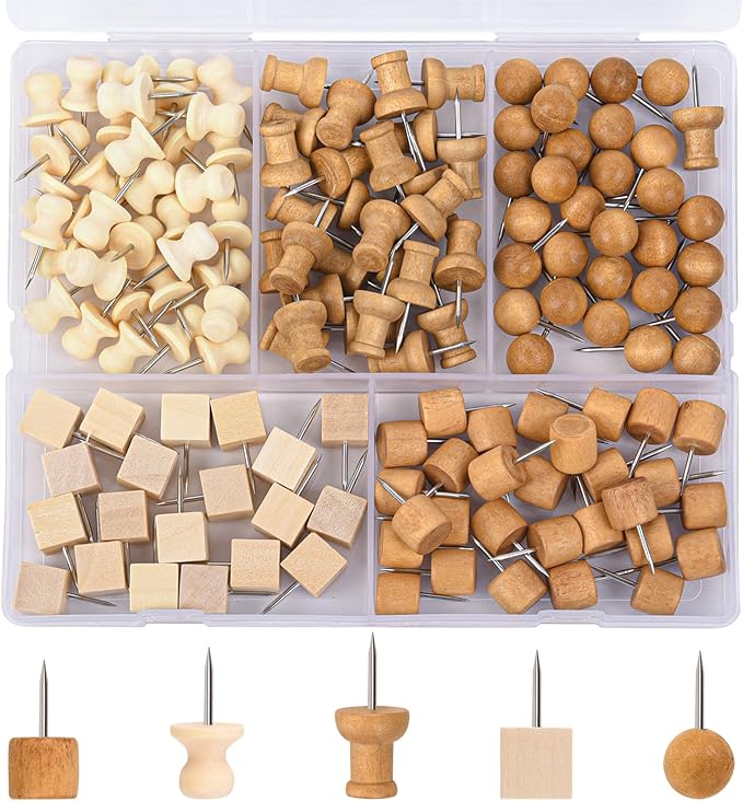 Thumb Tacks for Bulletin Boards,Wooden Push Pins - 140Pcs 5 Styles & 2 Colors, Decorative Pins for DIY Crafts, Home Office, with Storage Box (Multi-Purpose)