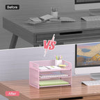 Samstar 3 Tier Pink Letter Tray Paper Organizer with Handle, Mesh Desk Organizer Paper Sorter File Rack Shelves, Pink