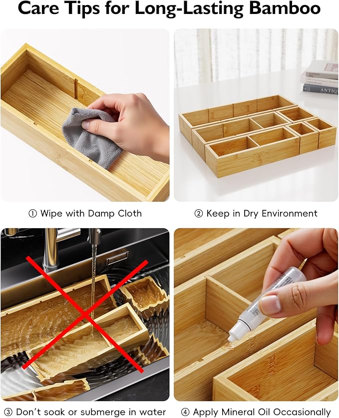 VA1KENE 12-Piece Bamboo Desk Drawer Organizer Set – Adjustable Storage Boxes with 24 Compartments, Non-Slip, Modular Design for Office, Jewelry, Vanity, and Kitchen Utensil Drawer Storage