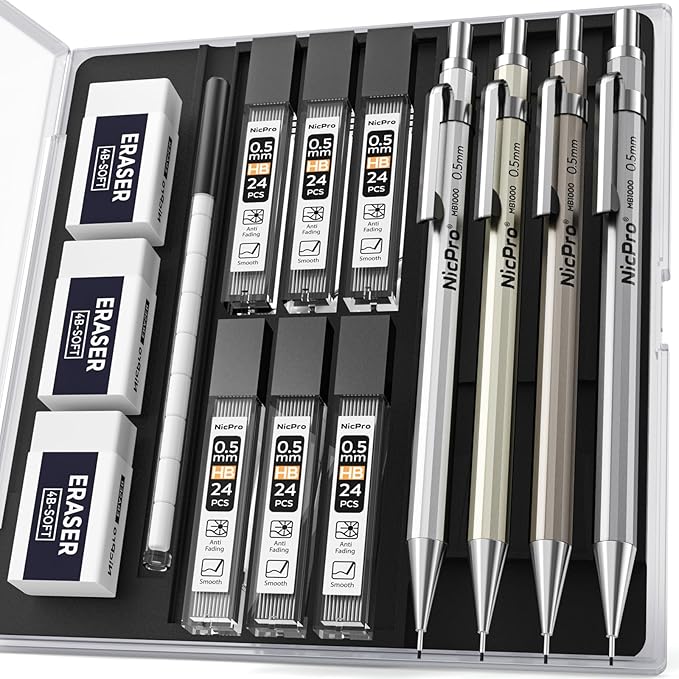 Nicpro 4 Pack Mechanical Pencil 0.5 mm with Case, MB1000 Metal Mechanical Pencil Set with 6 Tube HB #2 Lead Refill 0.5mm, 3PCS 4B Eraser, 9 Cap Eraser for Artist Drafting Writing, Sketching, Drawing
