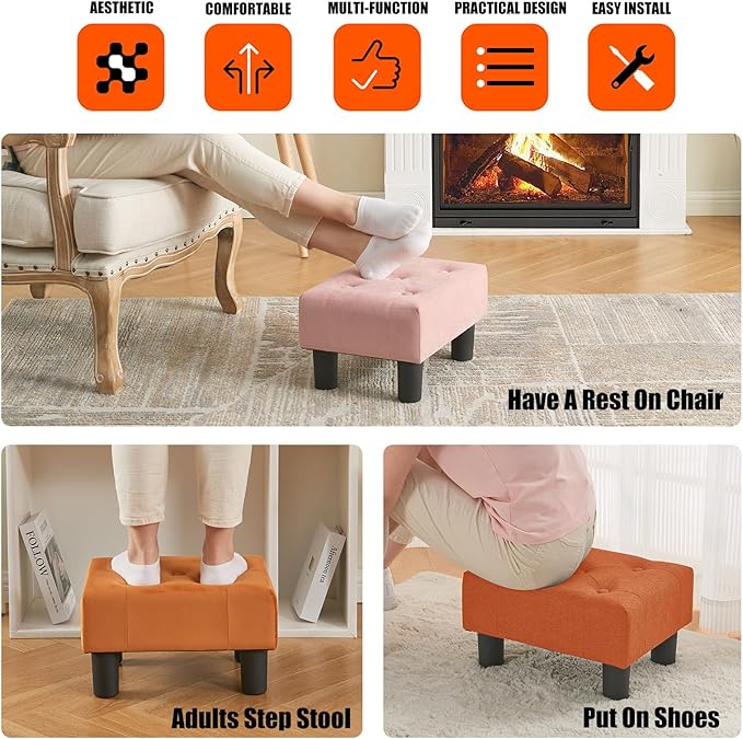 BRIAN & DANY Small Foot Stool, Linen Foot Stools with Legs, Stable Small Footstool for Living Room, Orange