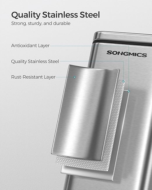 SONGMICS Bathroom Trash Can, 2.6 Gallon (10 L) Small Trash Bin with Lid, Slim for Small Spaces, Stainless Steel Garbage Can, Soft Close, Silver ULTB561E10
