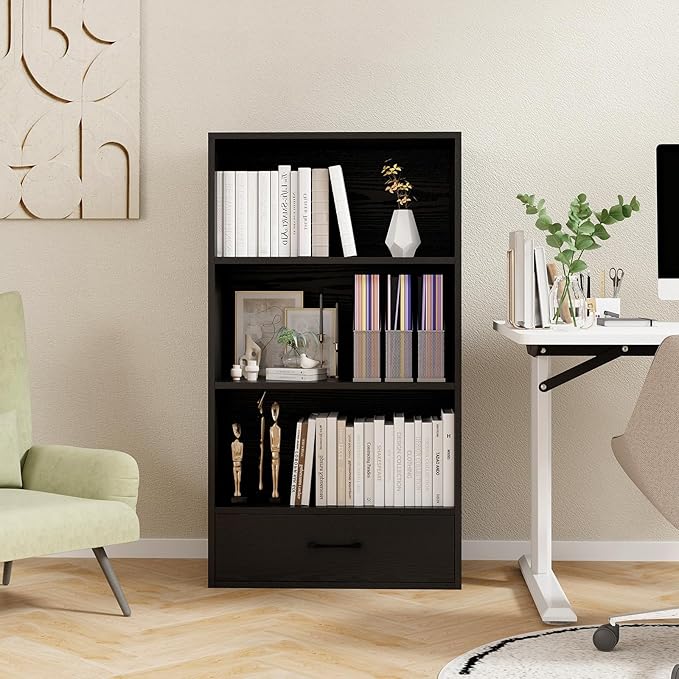 Tangkula 3 Tier Bookcase with Drawer, 42.5”Tall Freestanding Bookshelf with 3 Open Shelves & 1 Drawer, Anti-toppling Devices, Modern Display Storage Organizer for Home Office (Black, 42.5" H)