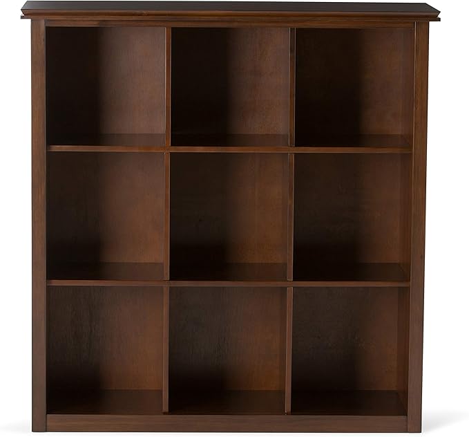 SIMPLIHOME Artisan Bookcase - 43 inch Tall 9-Cube Solid Wood Cube Organizer in Russet Brown, Transitional Storage Bookcase for Living Room, Study Room or Office with Fixed Shelves and Tapered Legs