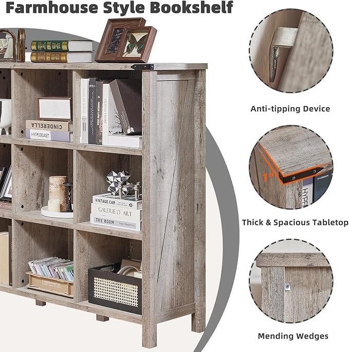Joaxswe 9 Cube Bookcase, Farmhouse 47 Inch Wide Grey Oak Bookshelf, Wooden 3 Tier Display Large Open Book Shelf, Vintage Horizontal Book Case for Home Office, Cubby Storage Cabinet for Living Room