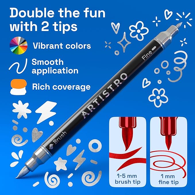 ARTISTRO 36 Metallic Acrylic Paint Markers - Paint Pens Dual Tip Brush + Fine Ideal for Calligraphy - Perfect for Fabric, Rock, Glass, Wood, DIY - Art Supplies, Stocking Stuffers, Christmas Gift Idea