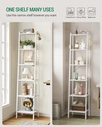 Hzuaneri Ladder Shelf, Bookshelf Bookcase, Freestanding Corner Storage Shelve with 2 Hooks for Home Office, Living Room, Kitchen, Bedroom, Industrial, 6-Tier White BC13313W
