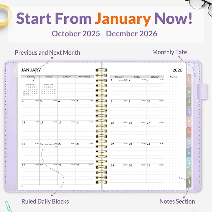 SUNEE 2026 Weekly & Monthly Planner 6.4"x8.5"- 12 Month (January 2026 - December 2026), Vegan Leather Cover, Pocket, Bookmark, Notes, Monthly Tab, Purple