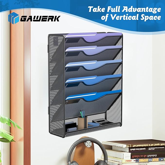 Gawerk 6 Tier Hanging File Organizer, Mesh Wall File Holder Paper Folder Rack with Bottom Flat Tray for Office Home, Black