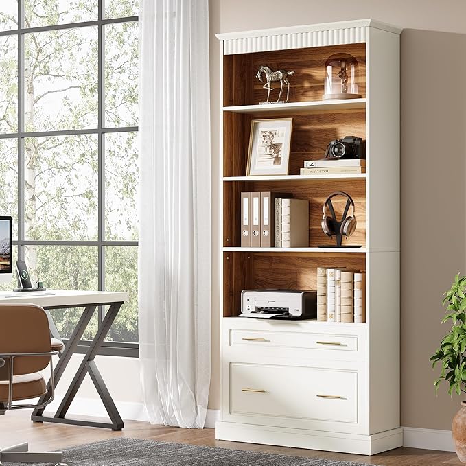 Tribesigns Way to Origin 2-Drawer Vertical File Cabinet for Letter Size, Moder Filing Cabinet with 5-Tier Bookshelf, Large Printer Stand with Open Storage Shelves for Home Office (White)