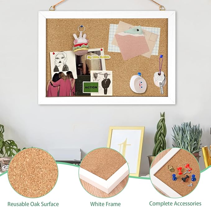 Cork Board Bulletin Board 12 x 7.8 Inches with Rectangle White Frame Hanging Pin for Walls Office Message Board or Vision Board Decoration
