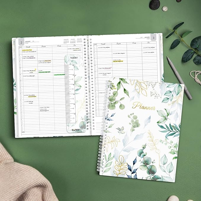 SUNEE 2026 Daily Planner,4-Person Group Appointment Book with Quarter-Hourly Layout. Weekly & One-Page-Per-Day Format, Jan to Dec 2026, 8.5"x11",Weekly Planner, Flexible Cover, Note Pages, Bookmark, Black,Greenery