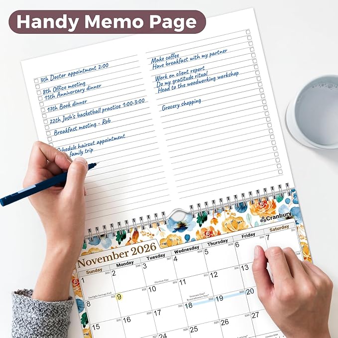 Cranbury Wall Calendar 2026 8.5x11, 12 Month Desk Calendar with Bouns Stickers and Large Writing Blocks, Premium Paper, Floral Design, 8x11 Planner 2026, Twin-Wire Binding