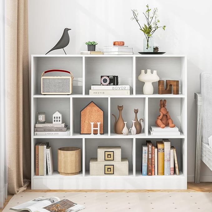 Tangkula 10-Cube Bookshelf, 47.5”L Floor Bookcase with 2 Anti-Tipping Kits, Freestanding Storage Organizer, 4-Tier Display Shelf for Home, Office & Dorms, Natural/White (White, 10-Cube)