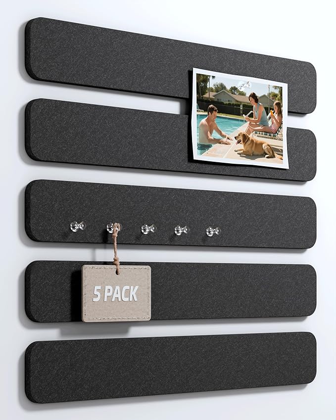 Fluxynara Cork Board Alternative Felt Strip Board 5-Pack 13"x2", Office Pin Board with 35 Push Pins, Adhesive Install for Bedroom Door & Home Office(Black)