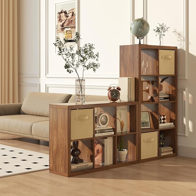 furtble Bookshelf with Storage Bins, 8-Cube Storage Organizer, Modern Wood Open Bookcase, Multifunctional Display Shelf for Living Room, Bedroom, Home Office, Classic Oak