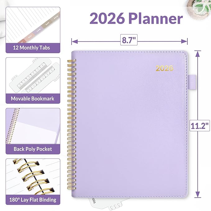 SUNEE 2026 Planner, Weekly and Monthly Calendar Planner 9"x11.2"- 12 Month (January 2026 - December 2026), Vegan Leather Cover, Pocket, Bookmark, Notes, Monthly Tab, Purple