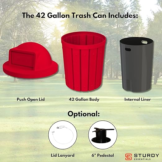 Sturdy Essentials Campus Collection 42 Gallon Slatted Round Heavy Duty Plastic Commercial Outdoor Trash Can with Push Open Dome Lid and Internal Liner | Great for Schools and Businesses - Red