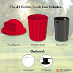 Sturdy Essentials Campus Collection 42 Gallon Slatted Round Heavy Duty Plastic Commercial Outdoor Trash Can with Push Open Dome Lid and Internal Liner | Great for Schools and Businesses - Red