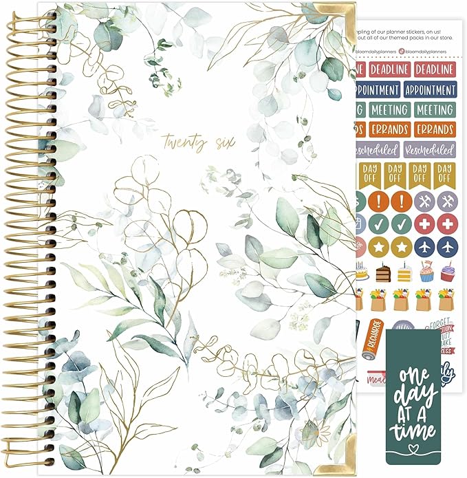 bloom daily planners HARDCOVER 2026 Planner (January to December) - A5 Task Goal Organizer - Monthly & Weekly Inspirational Agenda Book - 5.5" x 8.25" - Eucalyptus, White