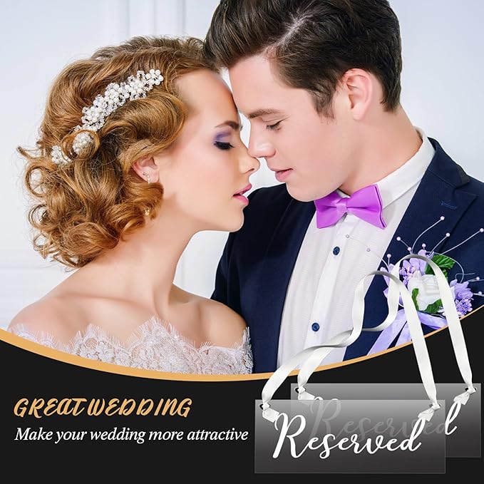 Yookeer 6 Pieces Reserved Signs for Wedding Chairs with a Roll of Ribbon Acrylic Reserved Table Signs for Wedding Important Events Church Pews Chair and Restaurant(White)