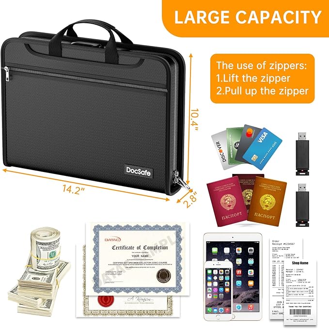 DocSafe Accordion File Organizer with Combination Lock,Fireproof Water Resistant Expanding File Folder with Multi Pockets,Document Organizer Home Office Travel Safe Storage for Letter Size Files,Black