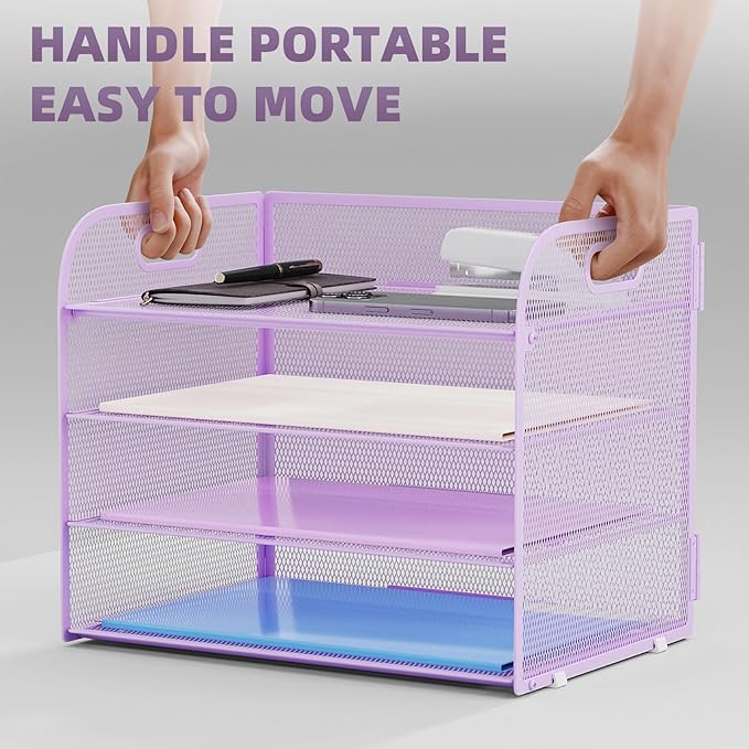 Marbrasse 2 Pack 4 Tier Paper Organizer Letter Tray - Mesh Desk File Organizer with Handle, Paper Sorter Organizer for Letter/A4 Office File Folder Holder (Purple, 12.6" x 9.1" x 10.7")